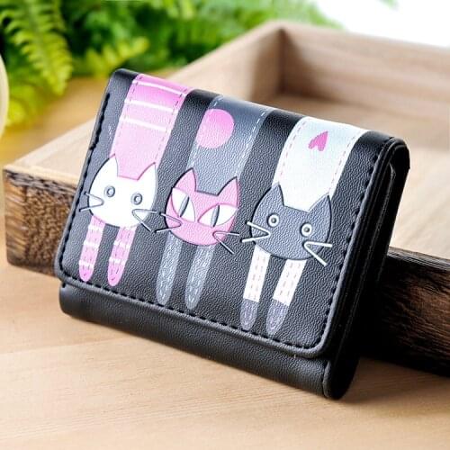 Cute Women Girls Cat Cartoon Wallet Short Creative Female Card Holder Casual Ladies Clutch PU Leather Coin Purse ID Holder