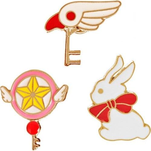 Trendy Animal Cartoon Brooches Jewelry Variety Sakura Magic Caro Card Captor Angel Wings Five-pointed Star Sticks Key Brooch Pin