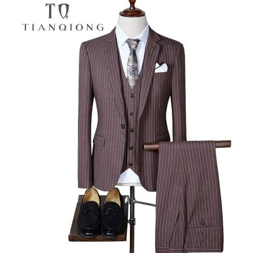 TIAN QIONG 2018 High Quality Men Suits Fashion Stripe Mens Slim Fit Business Wedding Suit Men Wedding Suit(Blazers +Vest+Pants)