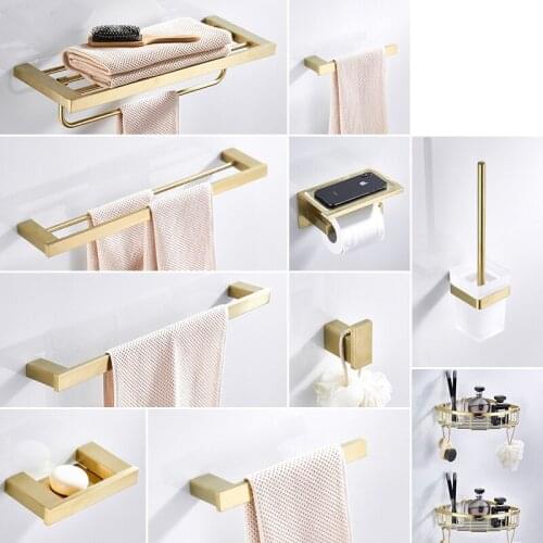 Bathroom Hardware Set Towel Rack Paper Holder Towel Bar Corner Shelf Toilet Brush holder Brushed Golden Bathroom Accessories Set