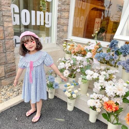 Summer New Arrival Korean style girls dress cotton floral lace collar short sleeve princess dress for cute sweet baby girls