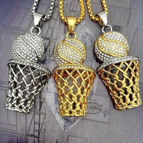 New Trendy Bohemian Crystal Inlaid Necklace Basketball Basketball Box Frame Pendant For Men Gold-plated Metal Sliding Necklace