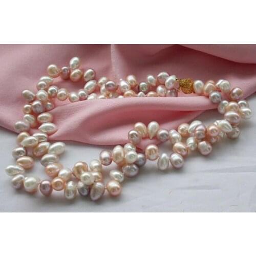 2Rows 18'' 10-15mm Rice Drip White Pink Lavender Freshwater Cultured Pearl Necklace,Perfect Women Wedding Birthday Party Gift