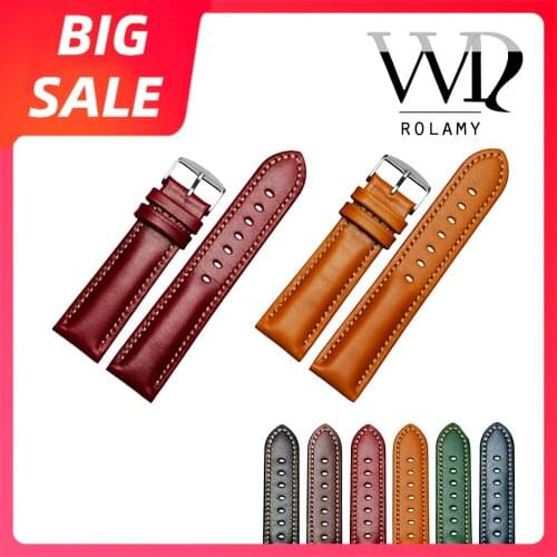 Rolamy 18 20 22mm Top Handmade Leather VINTAGE Black Red Green Wrist Watch Band Strap Belt For CITIZEN Omega Rolex Tag Heuer