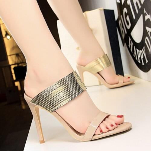 Fashion sandals women Vintage Sexy Thin Fine with High heel Open toe Metal band Word Band slippers 10CM shoes woman BIGTREE
