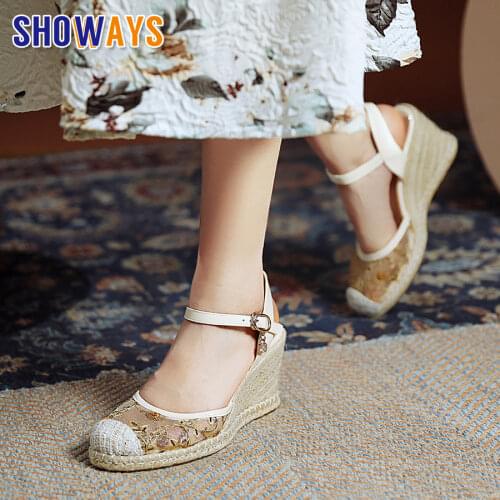 Big Size Woman Wedge Sandals Fisherman White Beige Mesh High Thick Heel Bling Dress Party Summer Ankle Strap Platform Espadrille