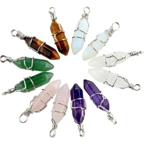 Hexagonal Column Natural stone silver color Wire Crystal Lapis Lazuli Tiger Eye amethys opal pendent Necklace For Women Jewelry