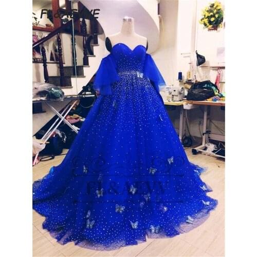 2021 Royal Blue Evening Dress A Line Half Sleeves Beads With Train Floor Length Lace Up Evening Prom Party Gowns