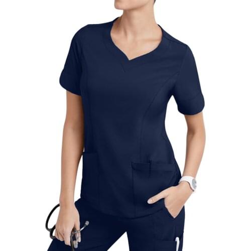 Ladies V-Neck Solid Short-sleeved Pocket Nursing Scrub Top Care Workers Workwear Hospital Nurse Uniform Blouse Enfermera A40
