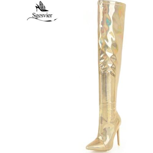 Sgesvier New Women Over The Knee Boots Sexy Thin Heels Boots Pointed Toe Gold Silver Night Club Shoes Women Long Boots OX958
