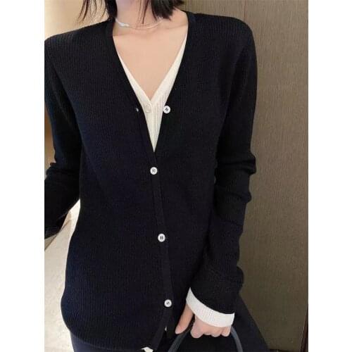 2021 Early Spring Women Cardigan Wool Long sleeves Sweater Color Patchwork Runway Single Breasted Elegant Gray / Black Sweater