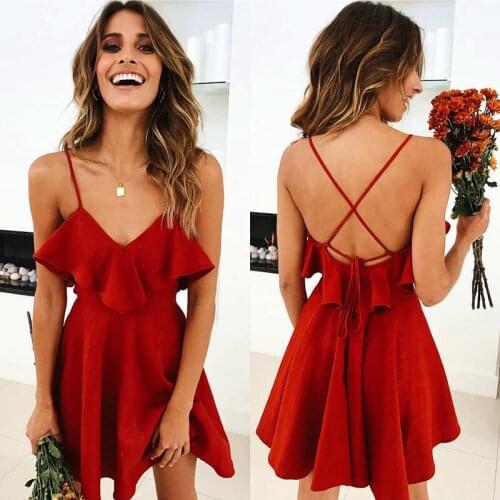 Sexy Summer Dress Women 2020 High Waist V-neck Backless Cross Drawstring Ruffles Bundle Mini Dress Red Vintage Vestidos Mujer