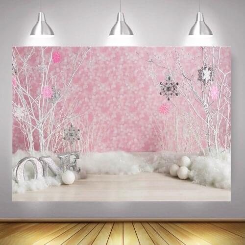 Winter Pink Sweet Girl One Birthday Party Backdrop Decoration Sliver Snowflake 1st Newborn Baby Portrait Background Photography