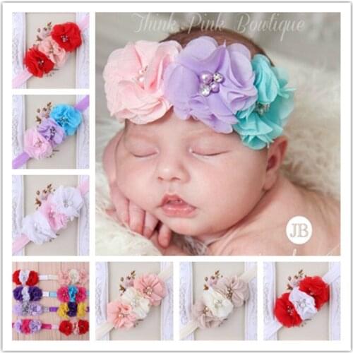 Free Shipping 3 Chiffon Pearl Flowers Headbands Girls Hair Accessory newborn girls Hair Bands 50Pcs/lot Free Shipping