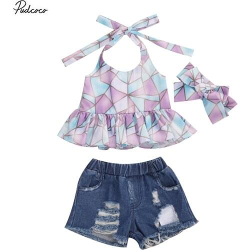 Free Shipping 1-6Y Fashion Girls Bandage 3pcs 2020 Summer New Geometric Print Halter Tops+Denim Shorts+Headband Kids Clothing