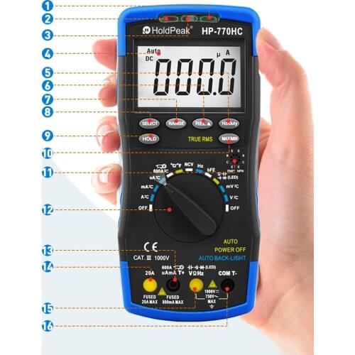 HoldPeak Digital Multimeter AC/DC True RMS Transistor Tester Electrical NCV Test Meter Profesional Auto Range Multimetro