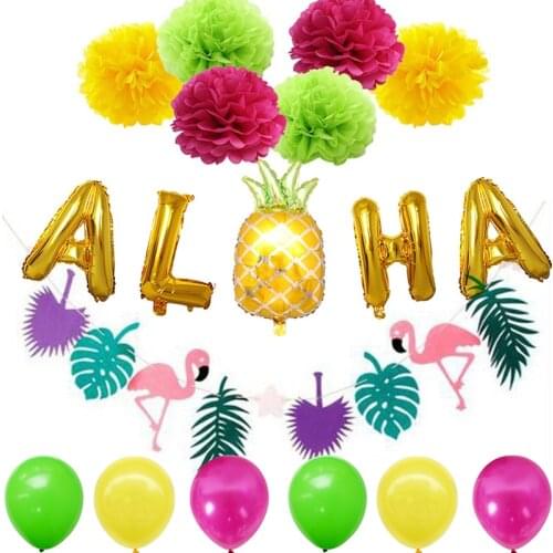 Hawaiian Party Decorations Luau Birthday Party Supplies ALOHA Banner Tropical Leaves Balloons Drinking Straws for Summer Party