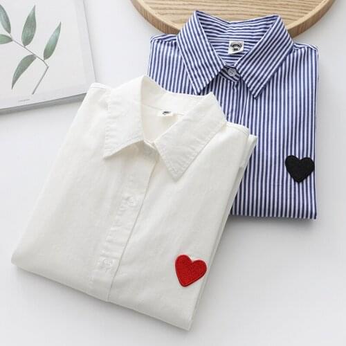 Lamtrip Sweet Hearted Shape Stitch Striped Long Sleeve Shirt Blouse