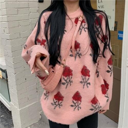 Rose daisy embroidery floral print retro sweet sweater elegant fashion mild streetwear all-match loose oversize lazy style tops