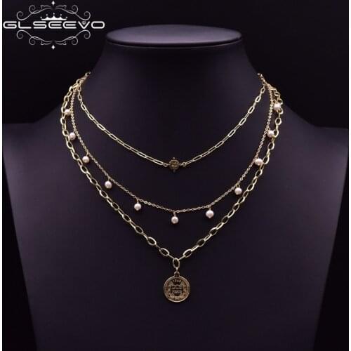 GLSEEVO Handmade Multi Layer Chains Boho Necklace For Women Engagement Metal Tag Pendant Jewelry Freshwater Pearl Ketting GN0217