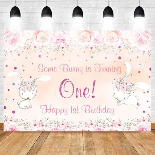 Mehofoto Happy 1st Birthday Photo Background Bunny Flower Backdrop Party Banner Gift for Baby Lovely Orange Theme Princess