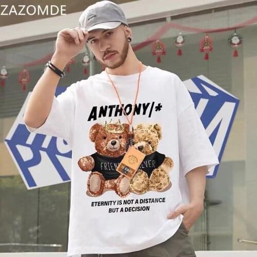 ZAZOMDE 2021 T-shirt Men Cotton Men Clothing Fashion Oversize Bear Print Loose Short Sleeve Tshirt Men And Women Couple T Shirt