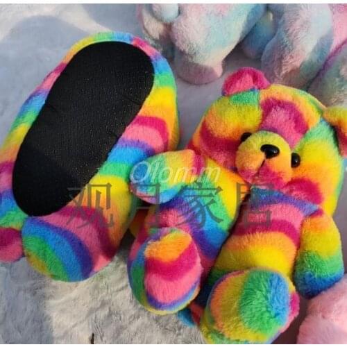 Plush Teddy Bear Cute Rainbow Cartoon Bear Indoor Slippers Non-Slip Mute Bedroom Office Soft Warm Winter Autumn Thick Hot Sale