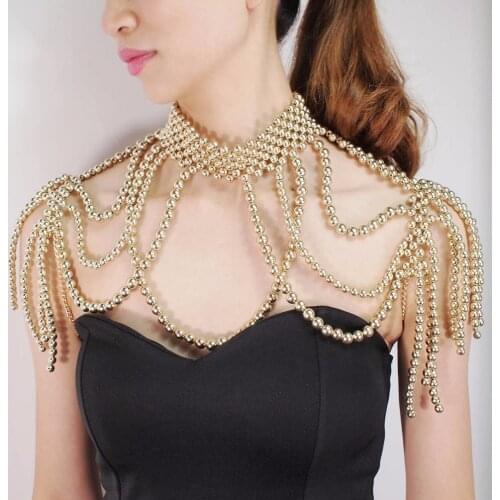 Imitation Pearl Shoulder Chain Necklaces Multi Layer Beads Statement Necklaces Pendants Body Chain Women Party Jewelry UKEN