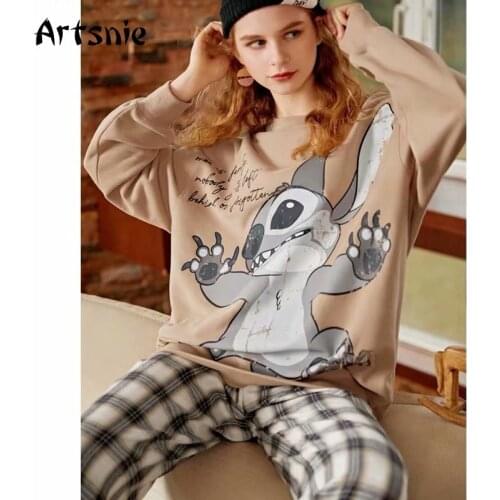 Artsnie Disney Stitch Cartoon Sweatshirt Women Autumn O Neck Long Sleeve Oversized Hoodies Streetwear Khaki Ladies Sweatshirts