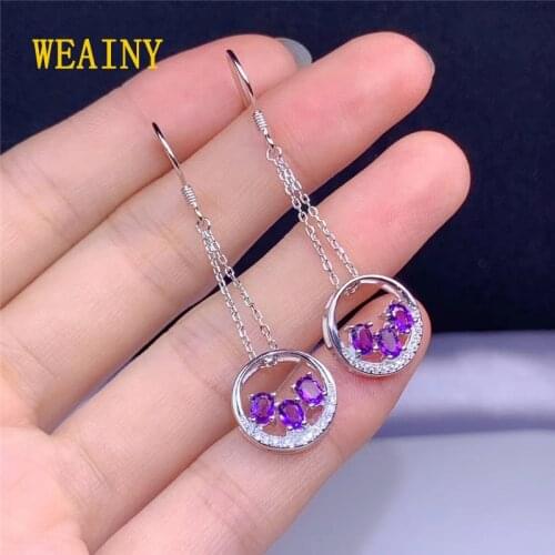 WEAINY s925 Sterling Silver Natural Amethyst Dangle Earrings, Gemstone Birthstone,Womens long earrings