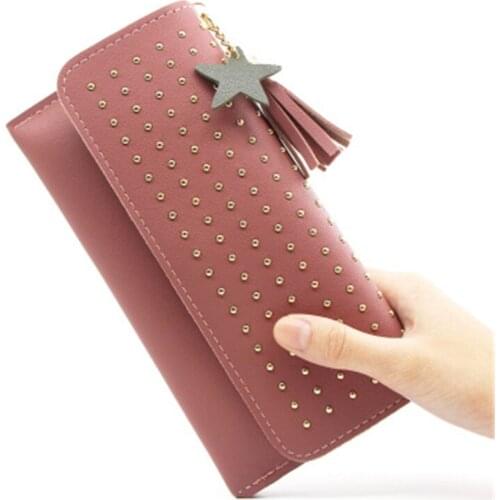 Fashion Womens Wallet Pu Leather Solid Color Rivet Zipper Coin Purse Female Long Hasp Multi-card Holder Ladies Clutch Phone Bag