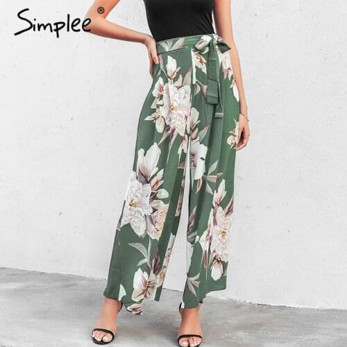 Simplee Sash floral print wide leg pants women Elastic loose boho casual pants trousers Beach summer high waist pants female