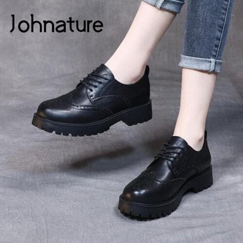 Johnature 2021 New Pumps Women Shoes Spring/Autumn Genuine Leather Lace-Up Sewing Round Toe Casual Handmade Leisure Ladies Shoes
