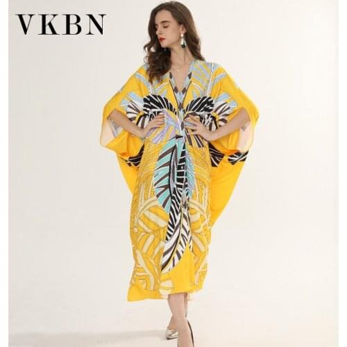 VKBN Spring Summer Dress Women High Quality Industrial for Women Dresses Printing Batwing Sleeve V-Neck Large Sizes