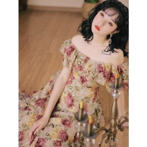 Womens French Chiffon Floral Summer Sexy Off-the-shoulder Dresses Robe Femme Retro Seaside Vacation Beach Maxi Dress