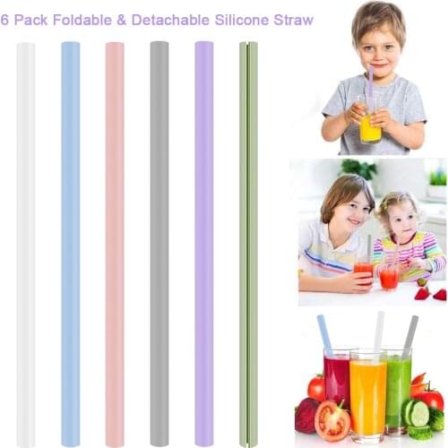6pcs Kitchen Reusable Silicone Drinking Straws Foldable Flexible Straw With Cleaning Brushes Kids' Party Supplies Bar Tools