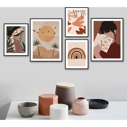 Abstract Girl Mountain Tree Sun Rainbow Wall Art Canvas Painting Nordic Posters And Prints Wall Pictures For Living Room Decor