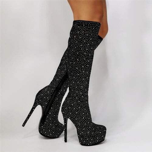 Blingbling woman black rhinestone nightclub high platform long boots woman crystal black knee high boots rhinestones long boots
