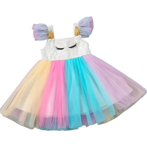 Citgeett Summer Kids Toddler Girls Color Tulle Dress Cartoon Fly Sleeve Square Collar One-piece Colorful Cute Clothes