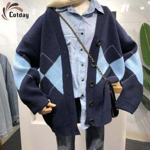 Cotday Blue Long Sleeve Women High Street Argyle Spring Big Collar Argyle Collar 2021 Button Thick Korean Cardigans Sweater