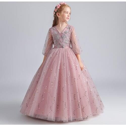 Flower Girl Dresses Pearls Beading Three Quarter Princess Sequined O-Neck Ball Gown Embroidery Tulle Lace Kids Party Skirt H083