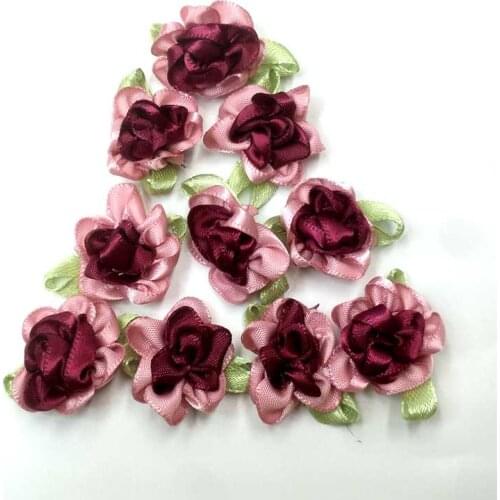 HL 30pcs ribbon flowers with leaf handmade apparel sewing appliques DIY accessoriesD0202