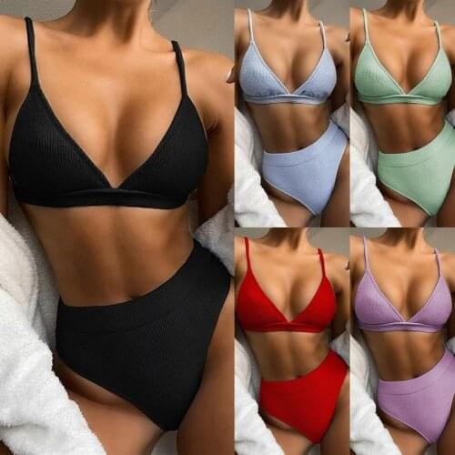 Womens Solid two pieces Bikini swimsuit Set Sexy Female High Waist summer Swimming Swimwear For Women Bathing Suit Patchwork