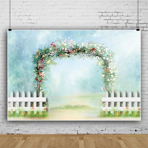 Laeacco Wedding Arch Wreath Photo Backdrop Dreamy Forest Flower Grassland White Wood Fence Photographic Banner Photo Backgrounds