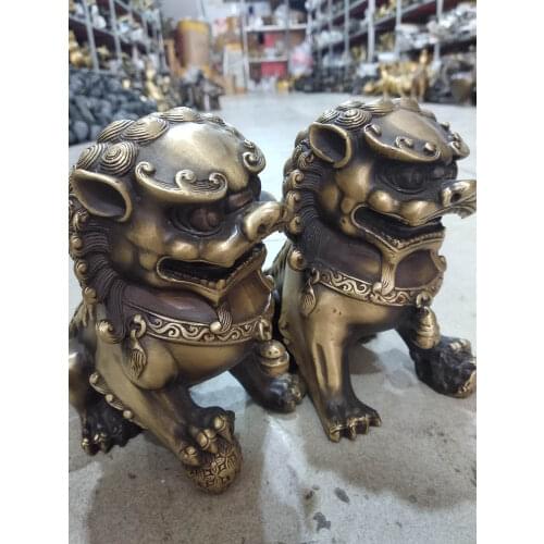 Mighty A Pair Lion Statuary Foo Dog Pure Copper Ancient Guardian Beast Bring Wealth Lucky Statue Magical