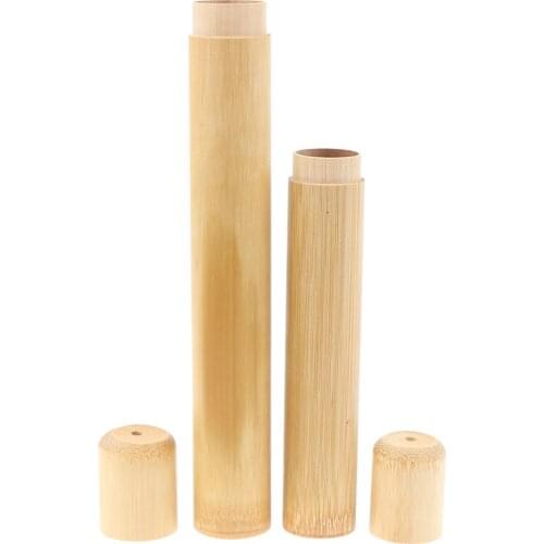 Portable Eco Friendly Tube Shape Hand Made Storage Home Travel Toothbrush Holder Case With Lid Bamboo Carrier Organizer