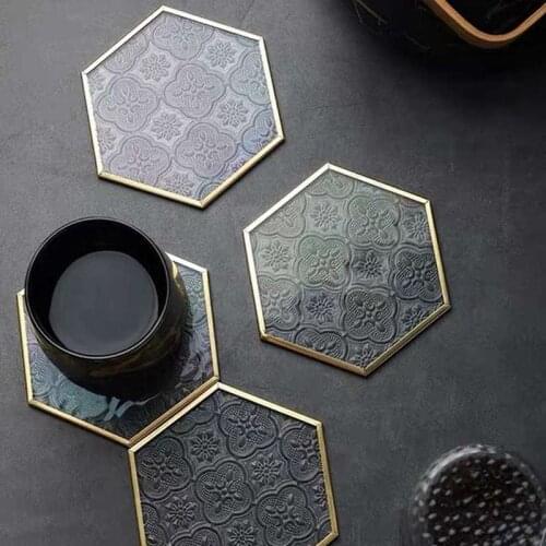 Luxury Retro Glass Coaster Gold Copper Embossed Decorative Cup Pad Table Insulation Hexagonal Glass Placemat 2021 Ins Hot
