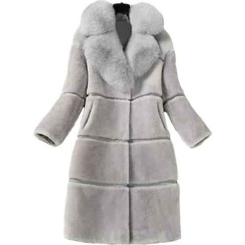 Winter Fashion Faux Fur Thick Warm Long Jacket fur Solid Color Faux Fur Coats Large Size Wild Ladies Fake Fox Collar Outerwear
