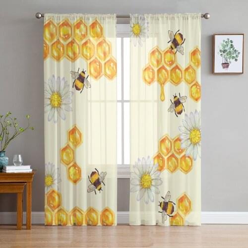 Bee Honey Flower Yellow Window Treatment Tulle Modern Sheer Curtains for Kitchen Living Room the Bedroom Curtains Decoration