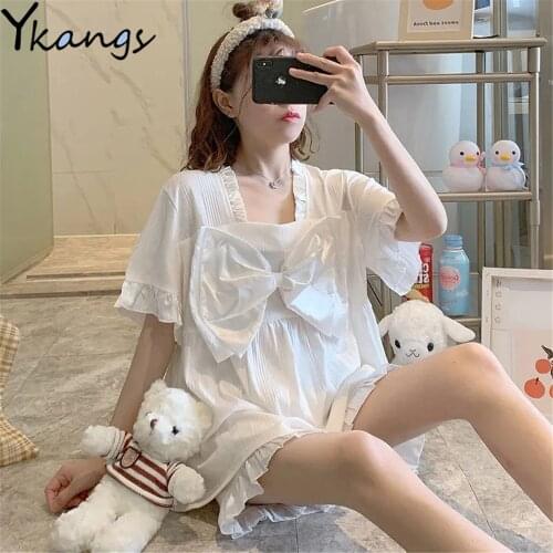Womens Kawaii Pajamas Summer Women Pijama With Shorts Set Princess Style Big Bow tie Nightgown Cozy Thin Homewear Retro Costume
